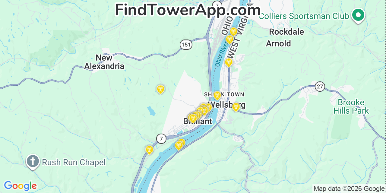 Map showing the 20 primary cell tower locations detected in Brilliant, Ohio from AT&T, Verizon, and T-Mobile networks