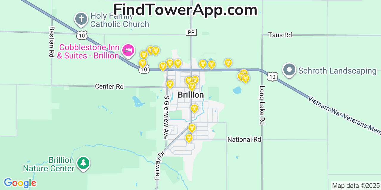 Map showing the 20 primary cell tower locations detected in Brillion, Wisconsin from AT&T, Verizon, and T-Mobile networks