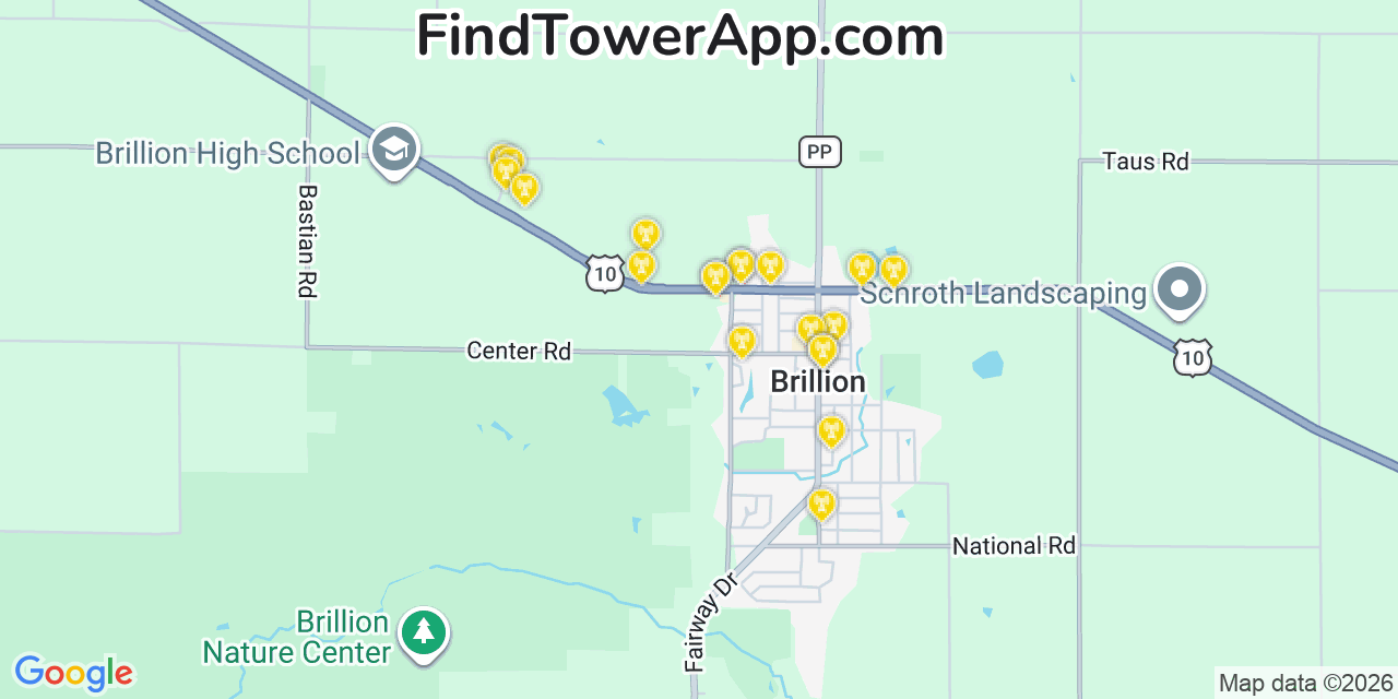 Map showing the 20 primary cell tower locations detected in Brillion, Wisconsin from AT&T, Verizon, and T-Mobile networks