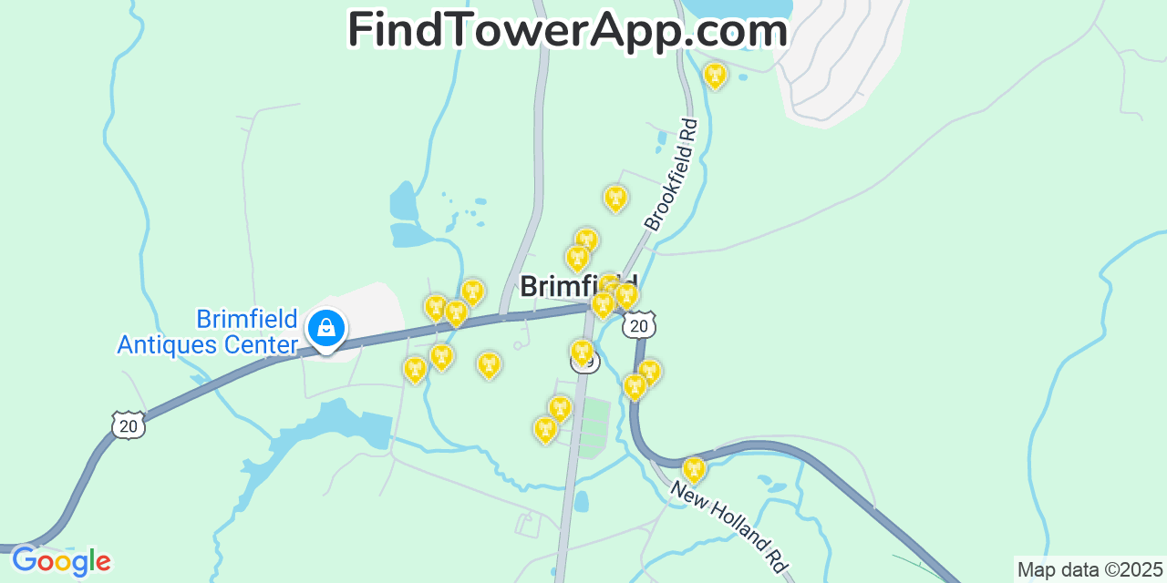 Map showing the 20 primary cell tower locations detected in Brimfield, Massachusetts from AT&T, Verizon, and T-Mobile networks