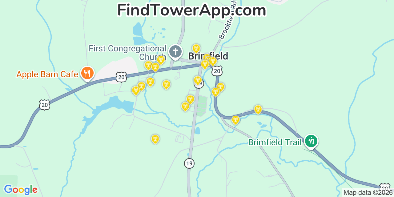Map showing the 20 primary cell tower locations detected in Brimfield, Massachusetts from AT&T, Verizon, and T-Mobile networks