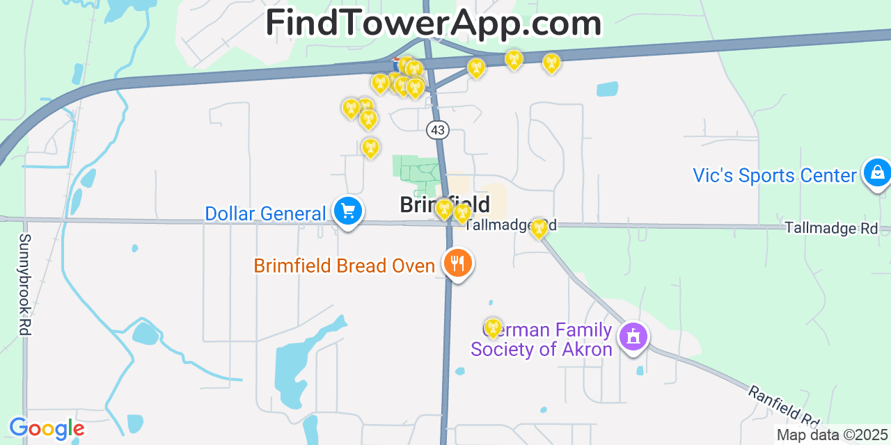 Map showing the 20 primary cell tower locations detected in Brimfield, Ohio from AT&T, Verizon, and T-Mobile networks
