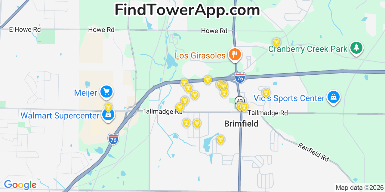 Map showing the 20 primary cell tower locations detected in Brimfield, Ohio from AT&T, Verizon, and T-Mobile networks