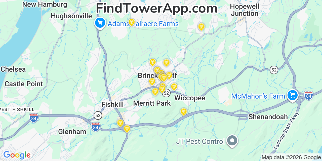 Map showing the 20 primary cell tower locations detected in Brinckerhoff, New York from AT&T, Verizon, and T-Mobile networks