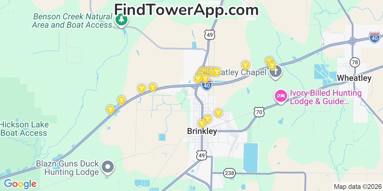 Map showing the 20 primary cell tower locations detected in Brinkley, Arkansas from AT&T, Verizon, and T-Mobile networks