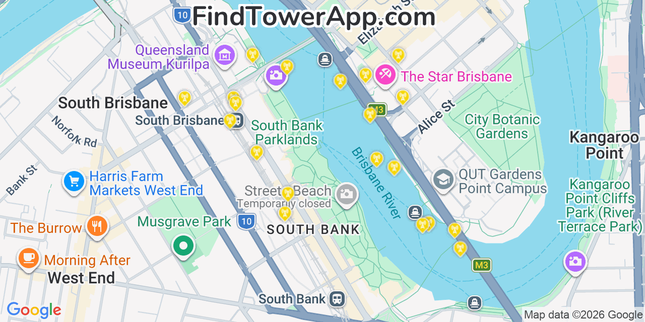 Map showing the 20 primary Clermont Coal cell tower locations in Brisbane, Australia
