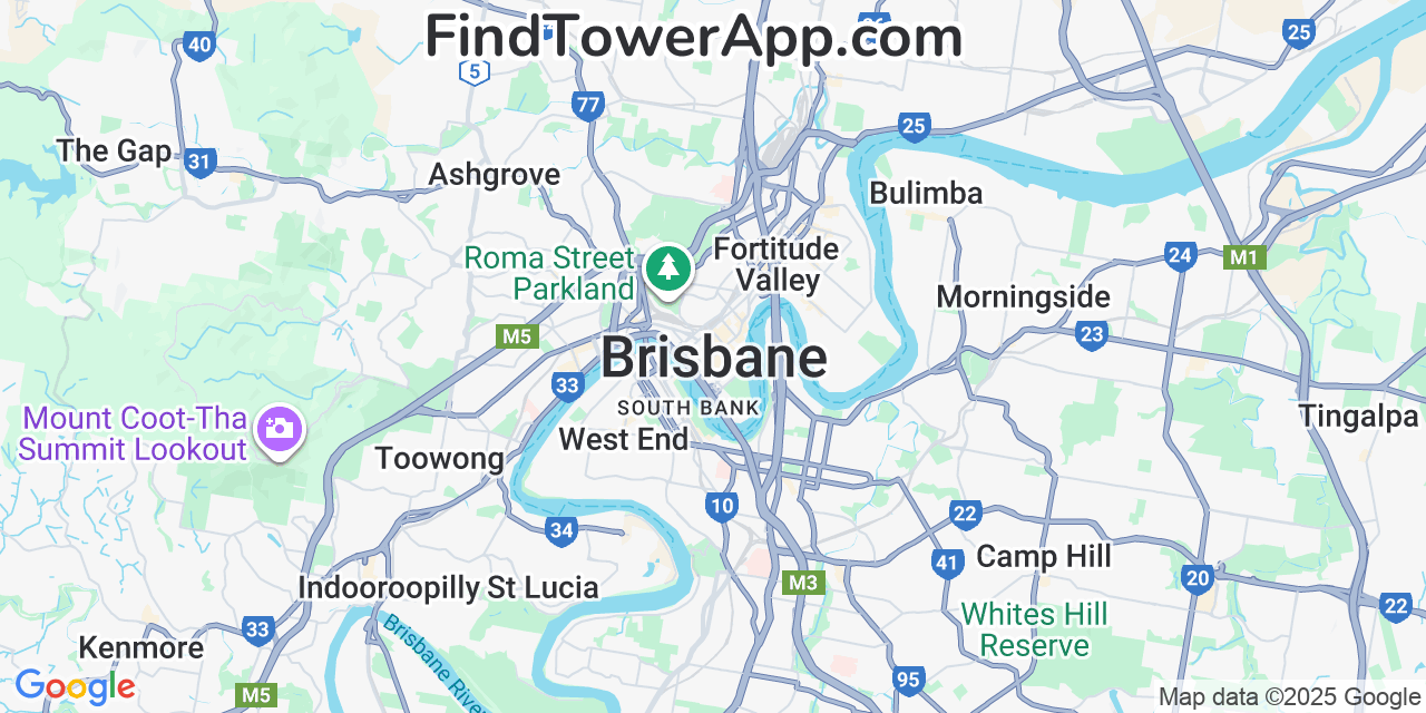 Map showing the 0 primary Clermont-Coal-Operations-Pty cell tower locations detected in Brisbane, Australia with coverage radius and signal strength indicators