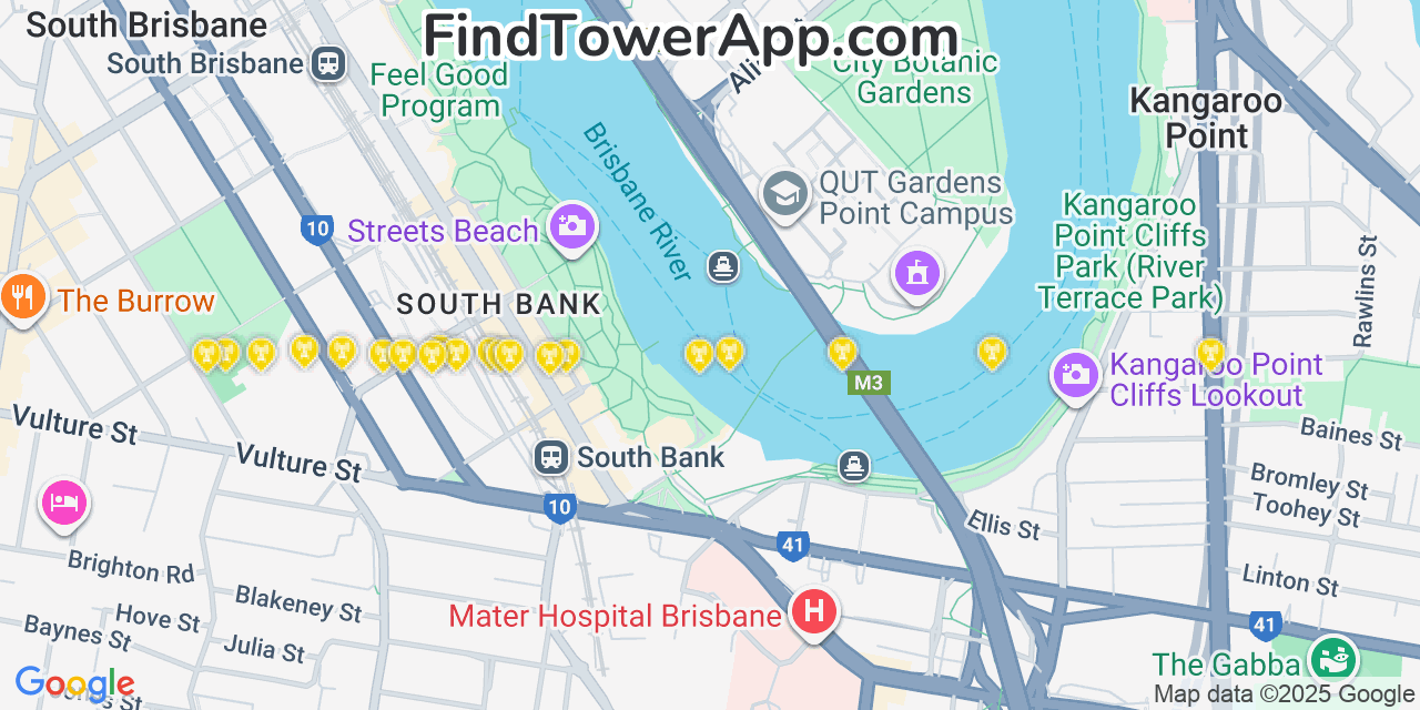 Map showing the 20 primary cell tower locations detected in Brisbane, Australia with coverage areas and signal strength