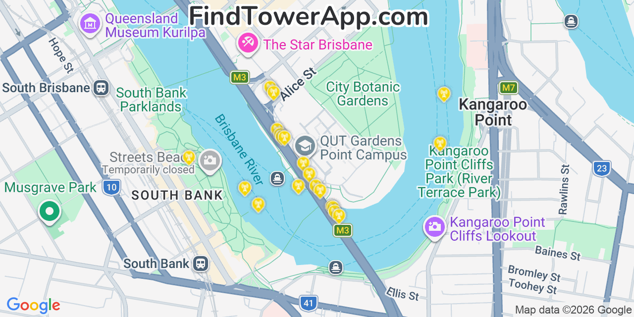 Map showing the 20 primary Pilbara Iron cell tower locations in Brisbane, Australia