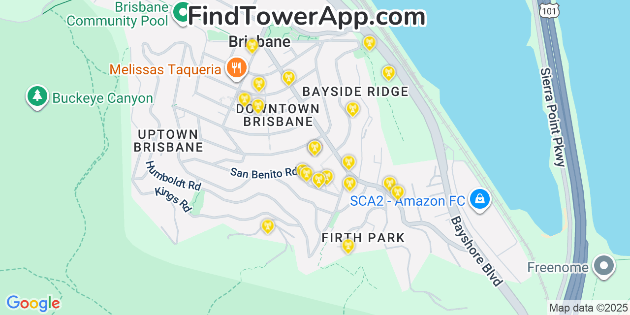 Map showing the 20 primary cell tower locations detected in Brisbane, California from AT&T, Verizon, and T-Mobile networks