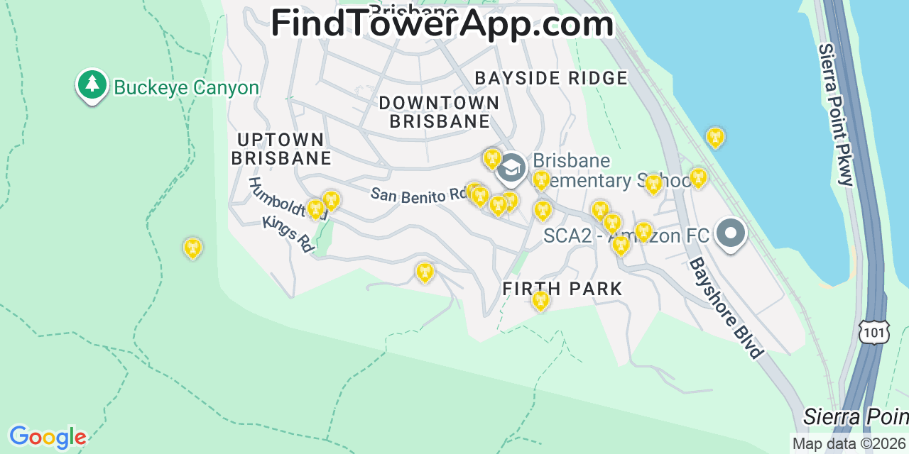 Map showing the 20 primary cell tower locations detected in Brisbane, California from AT&T, Verizon, and T-Mobile networks
