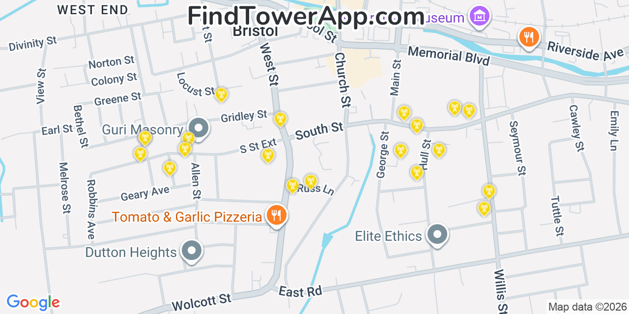 Map showing the 20 primary cell tower locations detected in Bristol, Connecticut from AT&T, Verizon, and T-Mobile networks