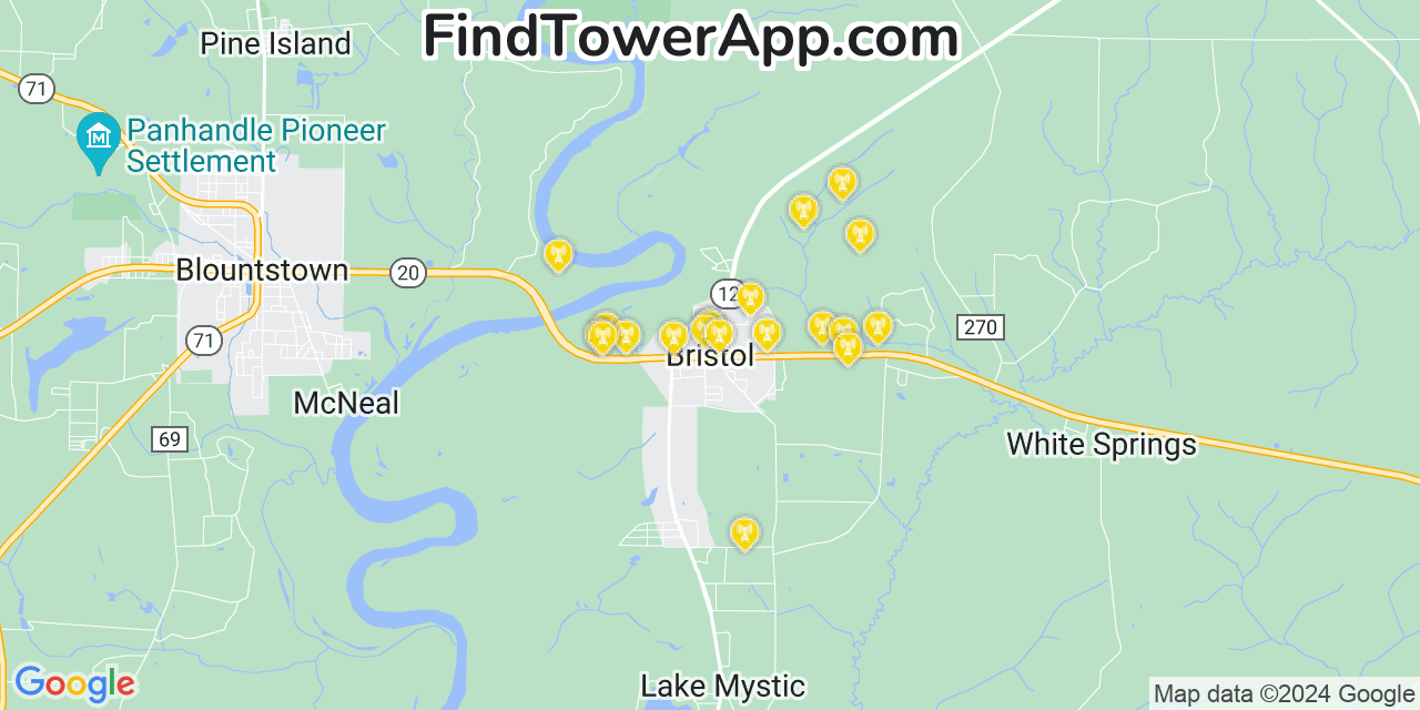 AT&T 4G/5G cell tower coverage map Bristol, Florida