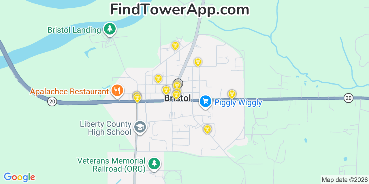 Map showing the 20 primary cell tower locations detected in Bristol, Florida from AT&T, Verizon, and T-Mobile networks