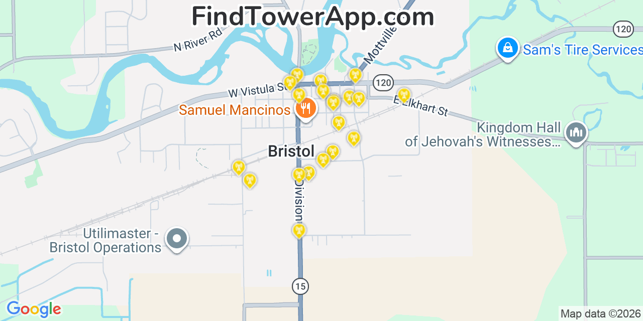 Map showing the 20 primary cell tower locations detected in Bristol, Indiana from AT&T, Verizon, and T-Mobile networks