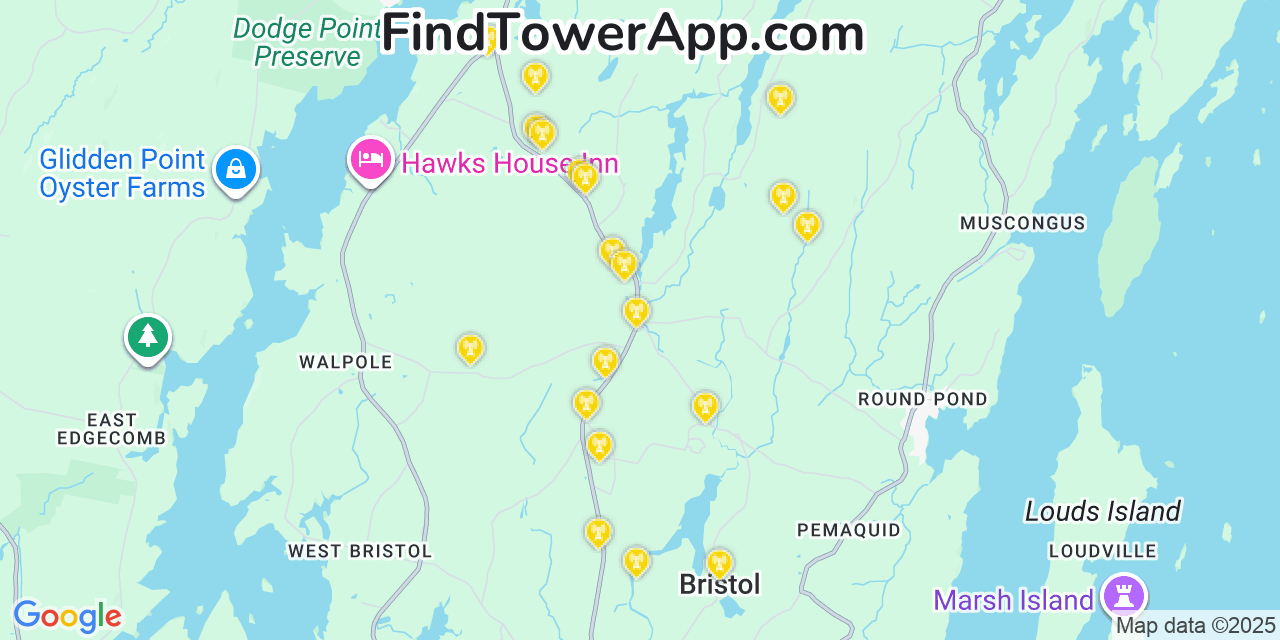 Map showing the 20 primary cell tower locations detected in Bristol, Maine from AT&T, Verizon, and T-Mobile networks
