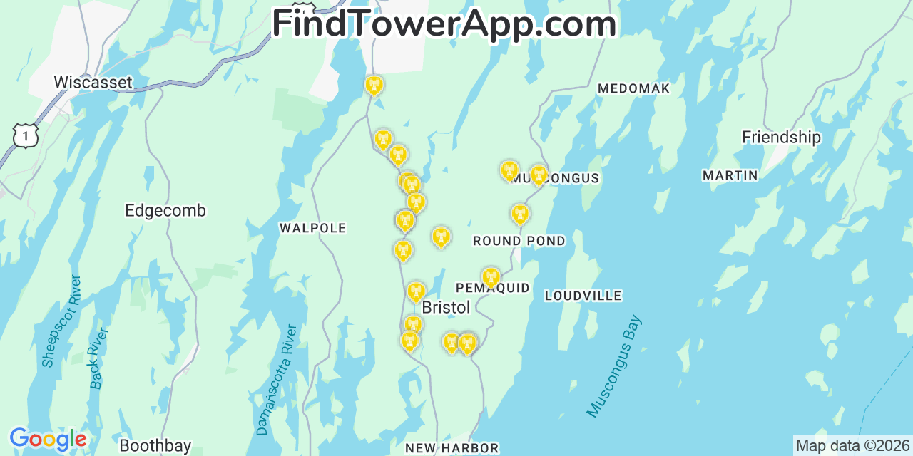 Map showing the 20 primary cell tower locations detected in Bristol, Maine from AT&T, Verizon, and T-Mobile networks