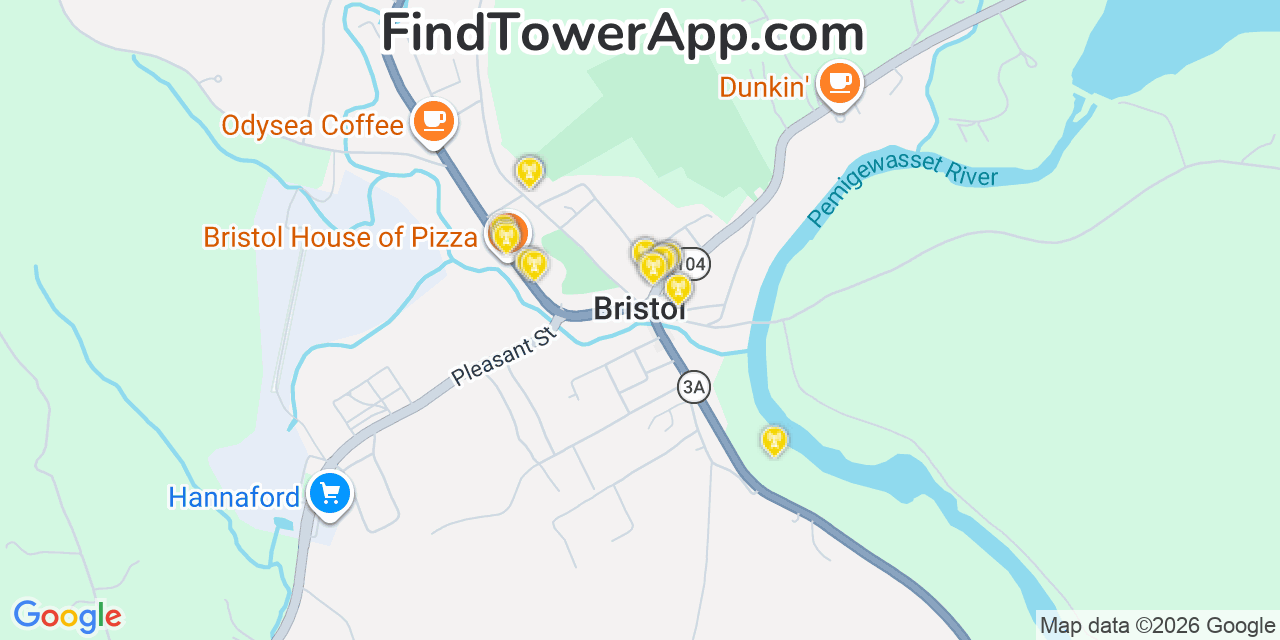 Map showing the 20 primary cell tower locations detected in Bristol, New Hampshire from AT&T, Verizon, and T-Mobile networks