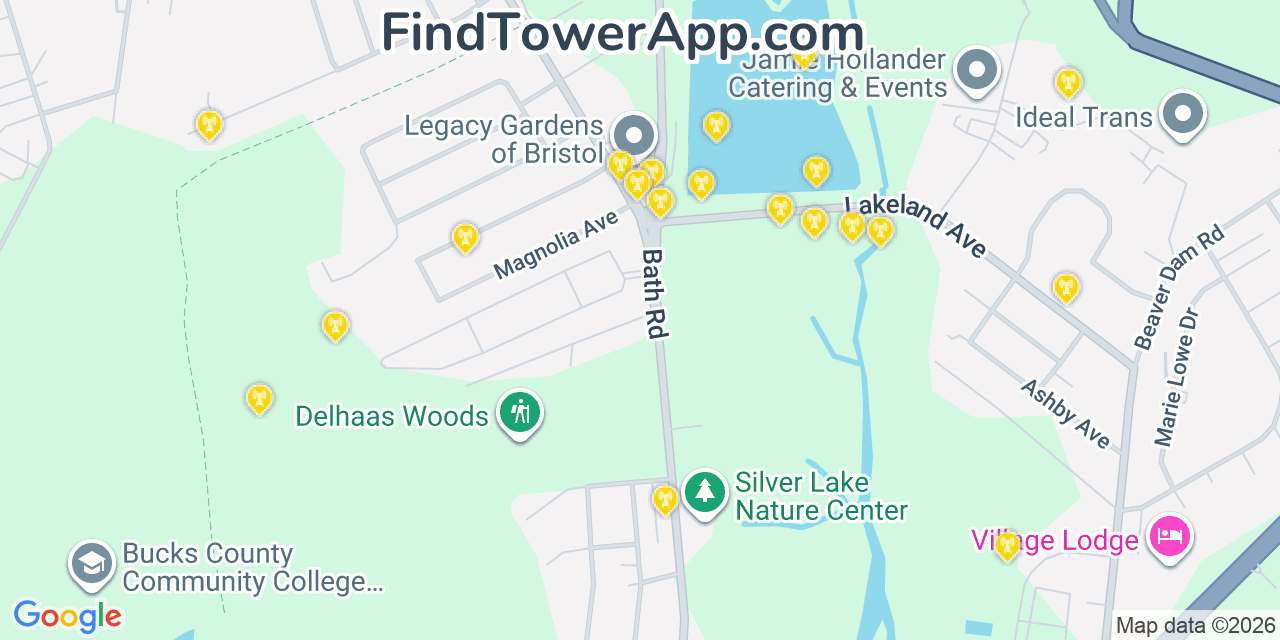 Map showing the 20 primary cell tower locations detected in Bristol, Pennsylvania from AT&T, Verizon, and T-Mobile networks