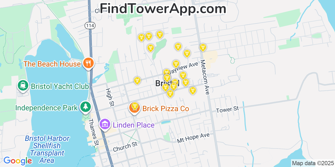 Map showing the 20 primary cell tower locations detected in Bristol, Rhode Island from AT&T, Verizon, and T-Mobile networks