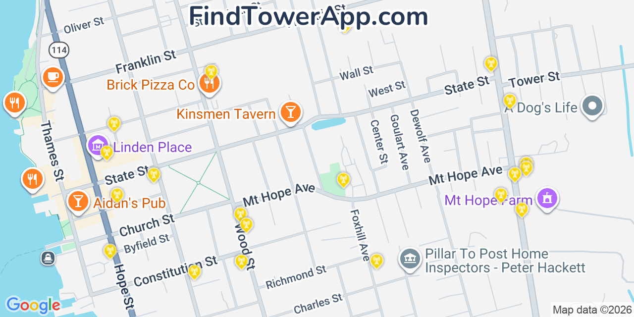 Map showing the 20 primary cell tower locations detected in Bristol, Rhode Island from AT&T, Verizon, and T-Mobile networks