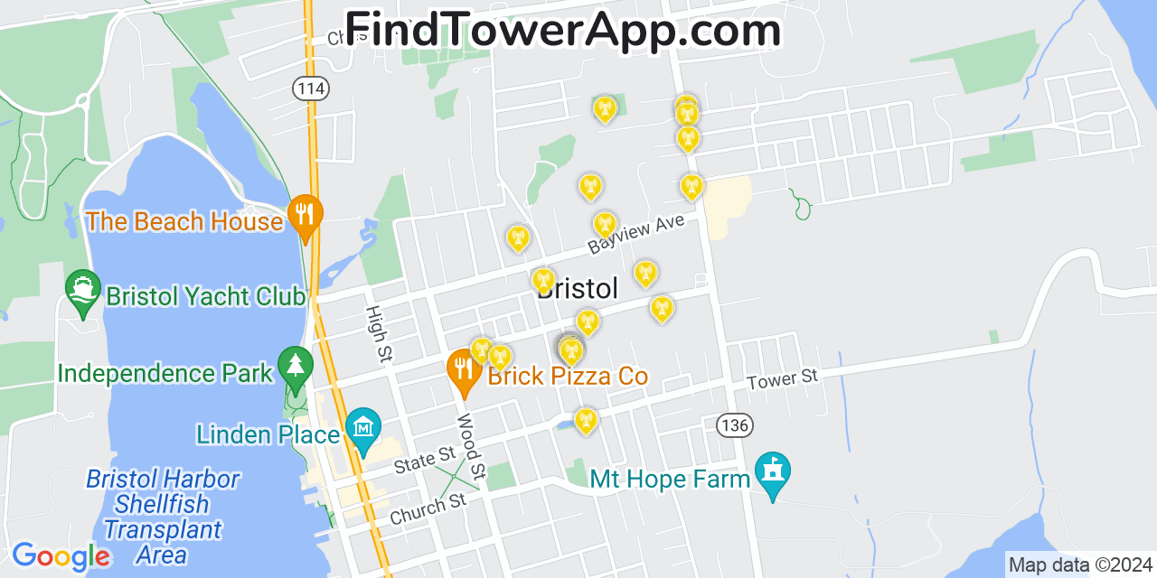 Verizon 4G/5G cell tower coverage map Bristol, Rhode Island