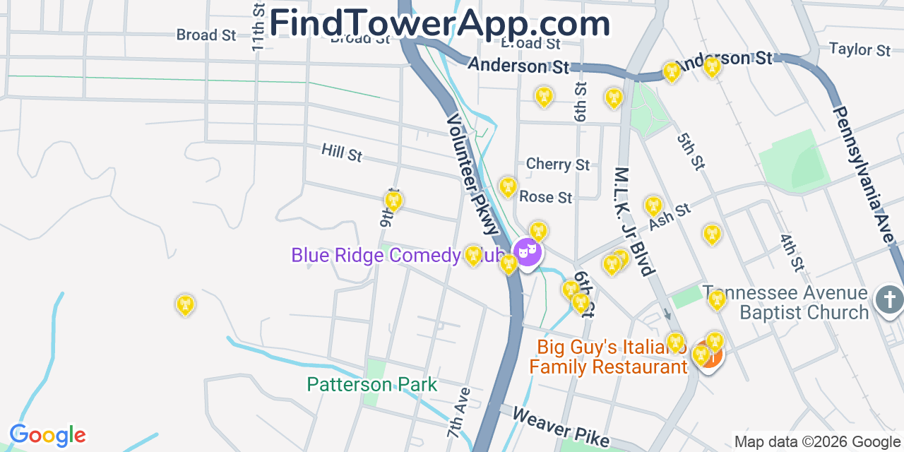 Map showing the 20 primary cell tower locations detected in Bristol, Tennessee from AT&T, Verizon, and T-Mobile networks