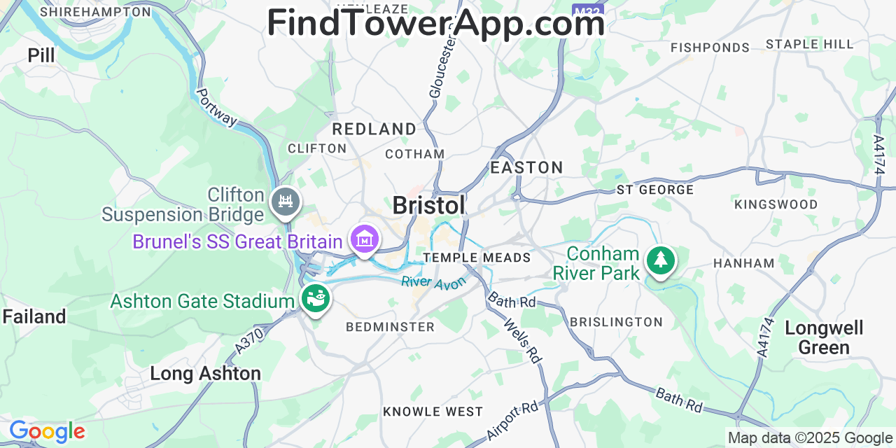 Map showing the 0 primary Tesco-Mobile cell tower locations detected in Bristol, United Kingdom with coverage radius and signal strength indicators