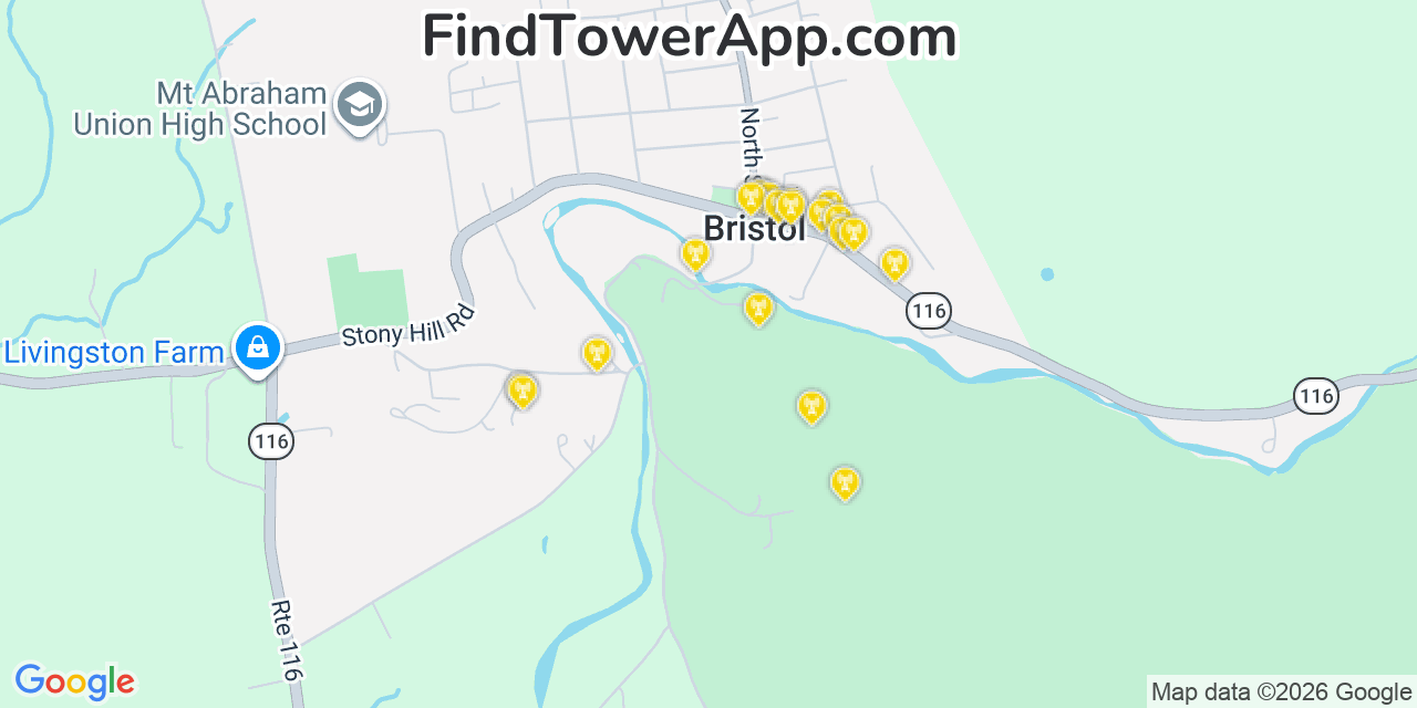 Map showing the 20 primary cell tower locations detected in Bristol, Vermont from AT&T, Verizon, and T-Mobile networks