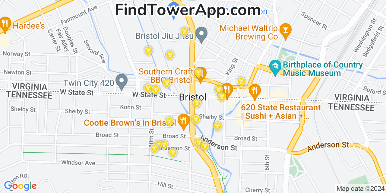 AT&T 4G/5G cell tower coverage map Bristol, Virginia