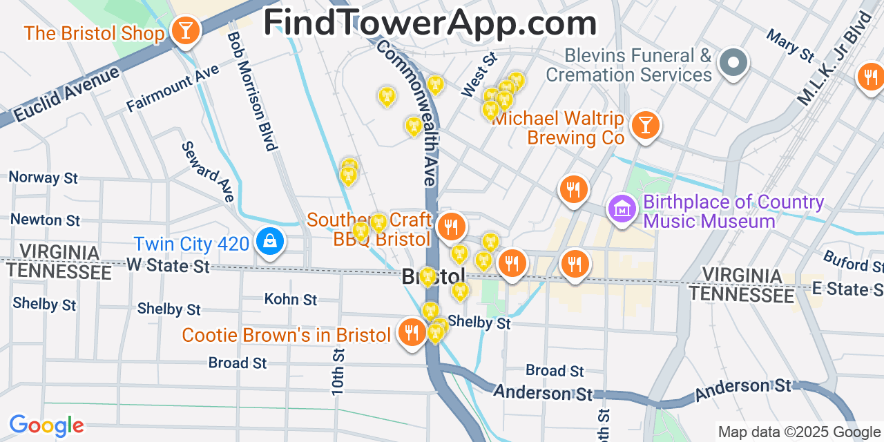 Map showing the 20 primary cell tower locations detected in Bristol, Virginia from AT&T, Verizon, and T-Mobile networks