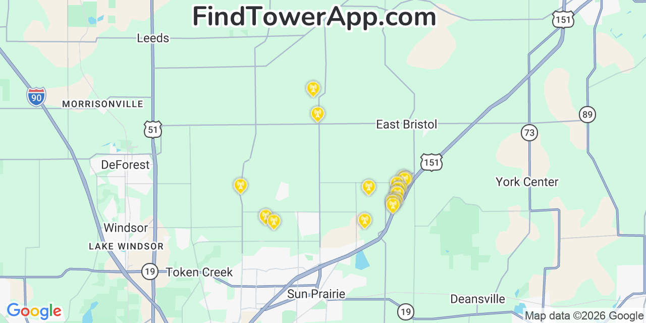 Map showing the 20 primary cell tower locations detected in Bristol, Wisconsin from AT&T, Verizon, and T-Mobile networks