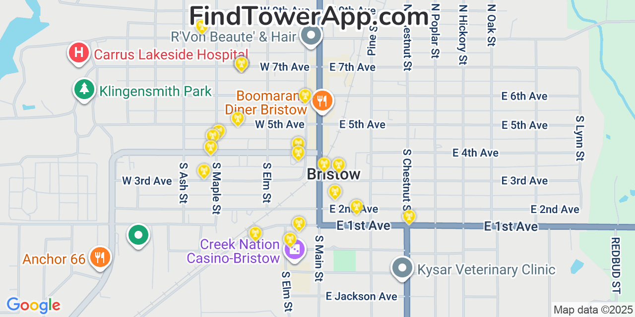 Map showing the 20 primary cell tower locations detected in Bristow, Oklahoma from AT&T, Verizon, and T-Mobile networks