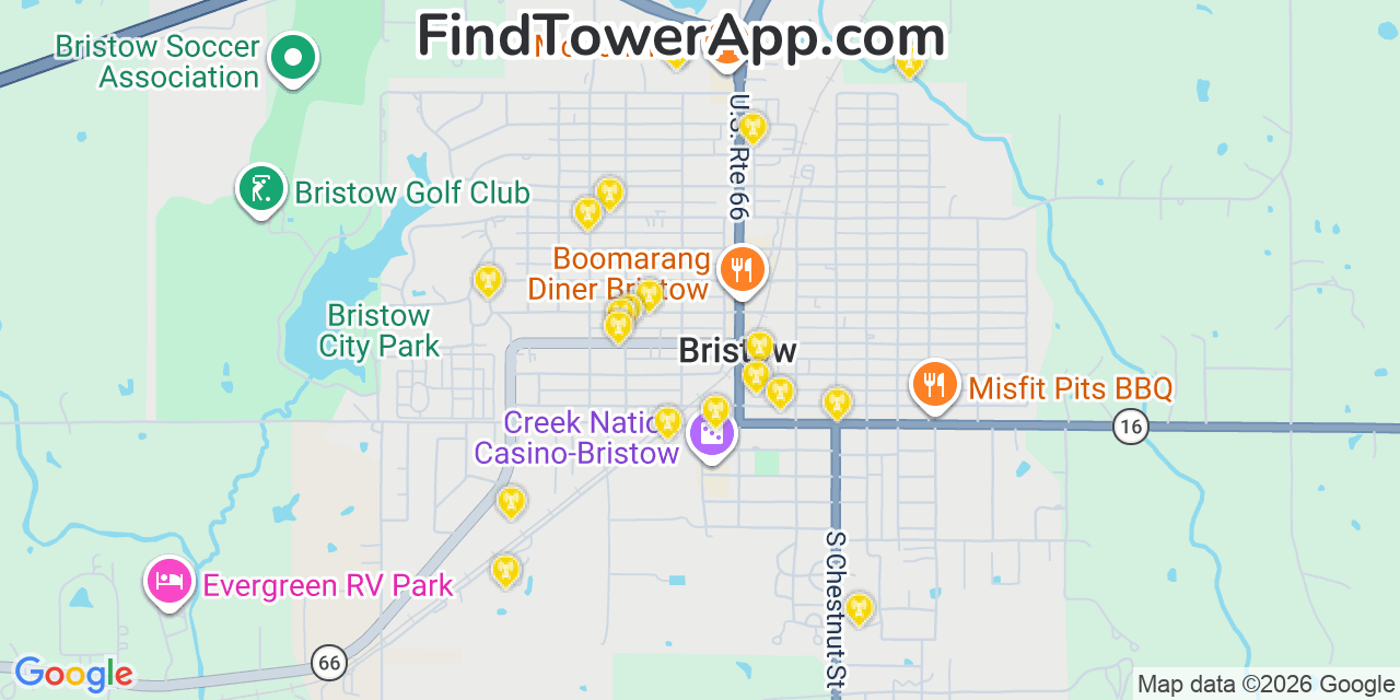 Map showing the 20 primary cell tower locations detected in Bristow, Oklahoma from AT&T, Verizon, and T-Mobile networks