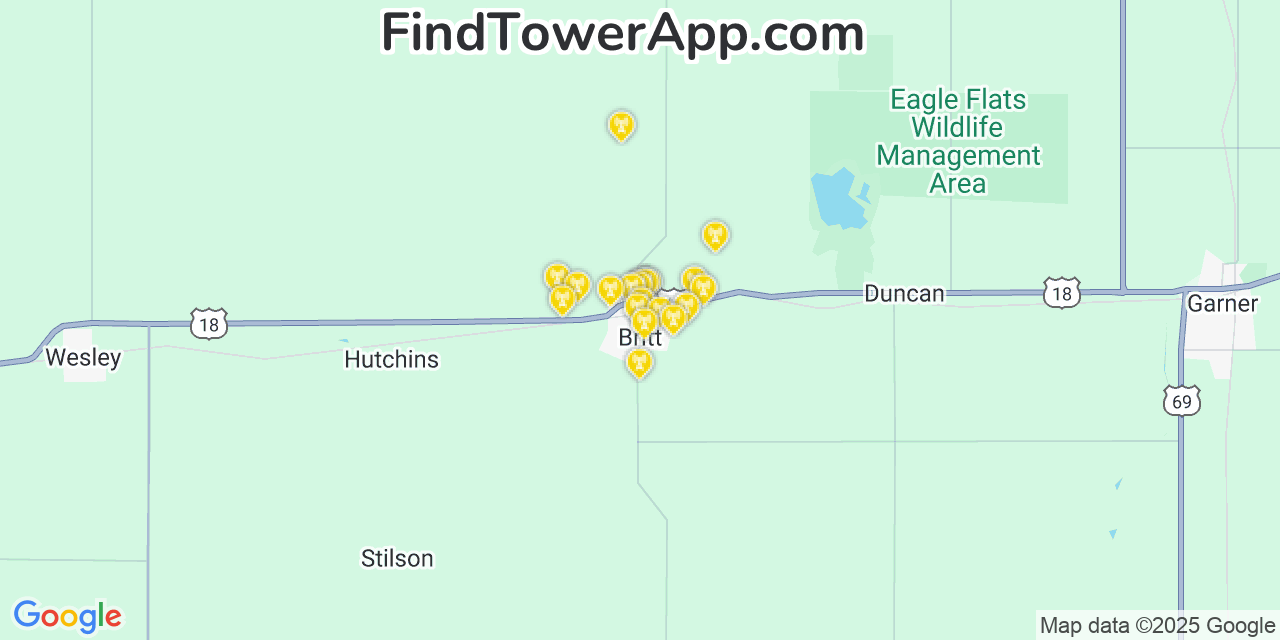 Map showing the 20 primary cell tower locations detected in Britt, Iowa from AT&T, Verizon, and T-Mobile networks