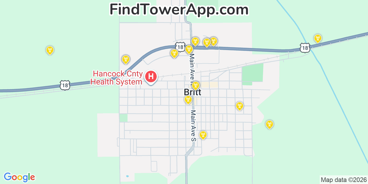 Map showing the 20 primary cell tower locations detected in Britt, Iowa from AT&T, Verizon, and T-Mobile networks