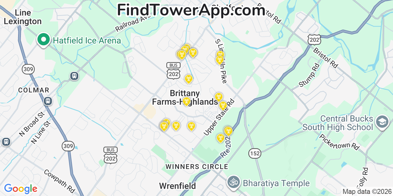 Map showing the 20 primary cell tower locations detected in Brittany Farms Highlands, Pennsylvania from AT&T, Verizon, and T-Mobile networks
