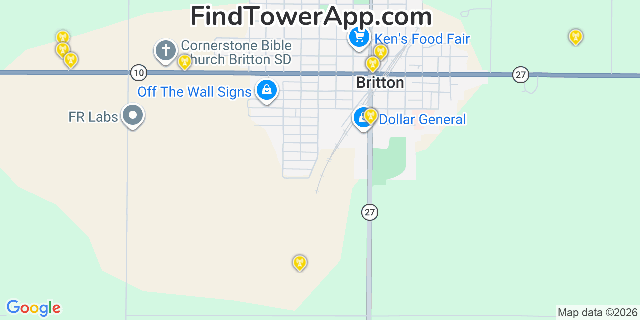 Map showing the 20 primary cell tower locations detected in Britton, South Dakota from AT&T, Verizon, and T-Mobile networks
