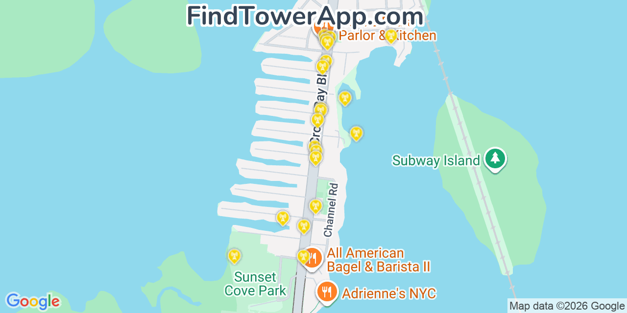 Map showing the 20 primary cell tower locations detected in Broad Channel, New York from AT&T, Verizon, and T-Mobile networks