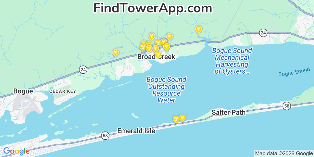Map showing the 20 primary cell tower locations detected in Broad Creek, North Carolina from AT&T, Verizon, and T-Mobile networks