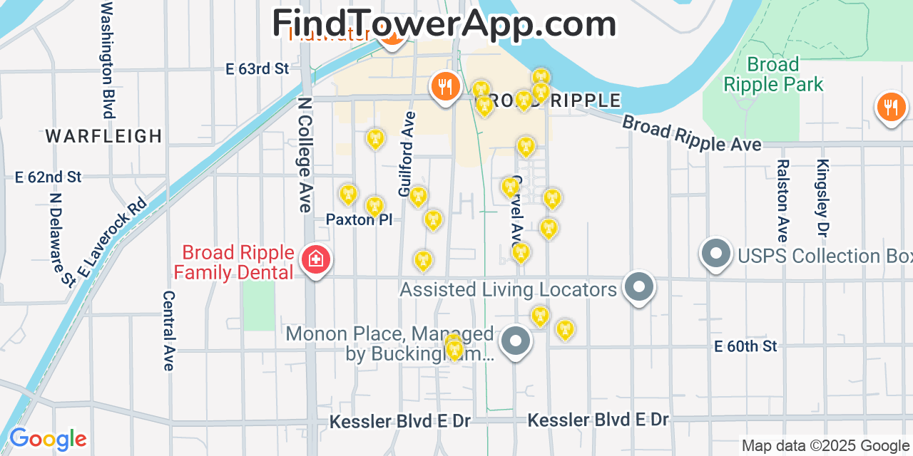 Map showing the 20 primary cell tower locations detected in Broad Ripple, Indiana from AT&T, Verizon, and T-Mobile networks