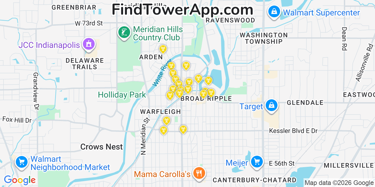 Map showing the 20 primary cell tower locations detected in Broad Ripple, Indiana from AT&T, Verizon, and T-Mobile networks