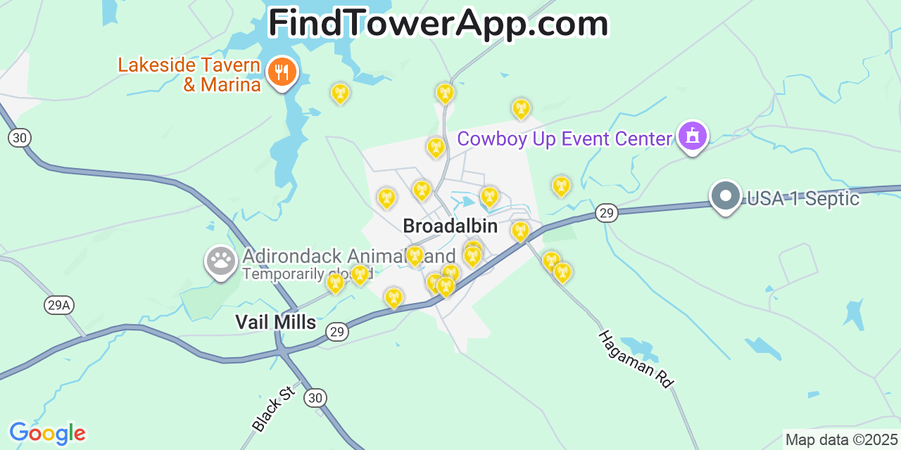 Map showing the 20 primary cell tower locations detected in Broadalbin, New York from AT&T, Verizon, and T-Mobile networks