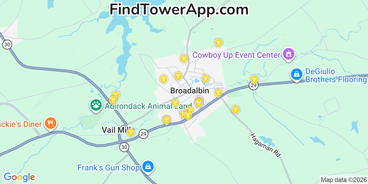 Map showing the 20 primary cell tower locations detected in Broadalbin, New York from AT&T, Verizon, and T-Mobile networks