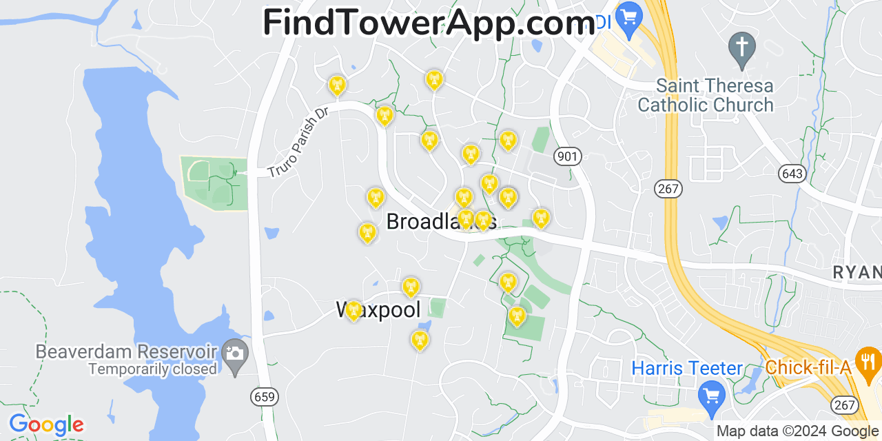 AT&T 4G/5G cell tower coverage map Broadlands, Virginia