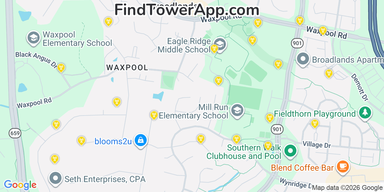 Map showing the 20 primary cell tower locations detected in Broadlands, Virginia from AT&T, Verizon, and T-Mobile networks