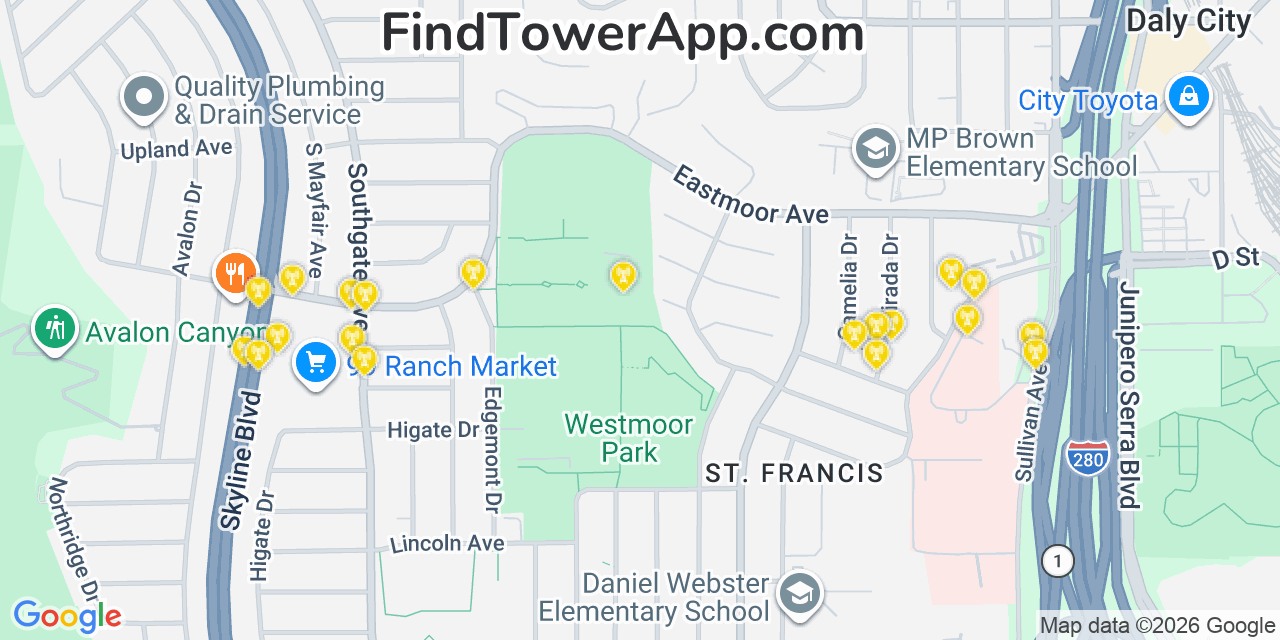 Map showing the 20 primary cell tower locations detected in Broadmoor, California from AT&T, Verizon, and T-Mobile networks