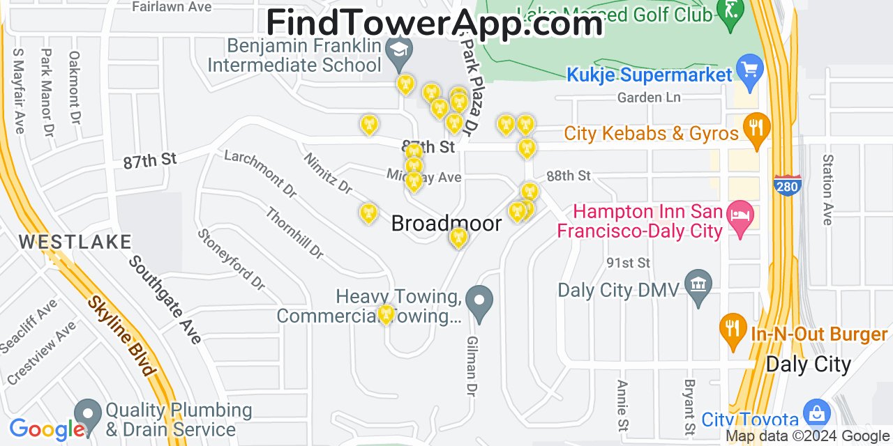 T-Mobile 4G/5G cell tower coverage map Broadmoor, California