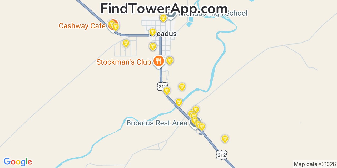 Map showing the 20 primary cell tower locations detected in Broadus, Montana from AT&T, Verizon, and T-Mobile networks