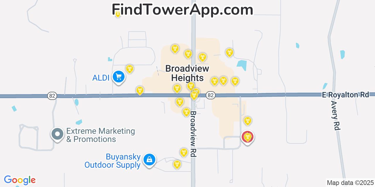 Map showing the 20 primary cell tower locations detected in Broadview Heights, Ohio from AT&T, Verizon, and T-Mobile networks